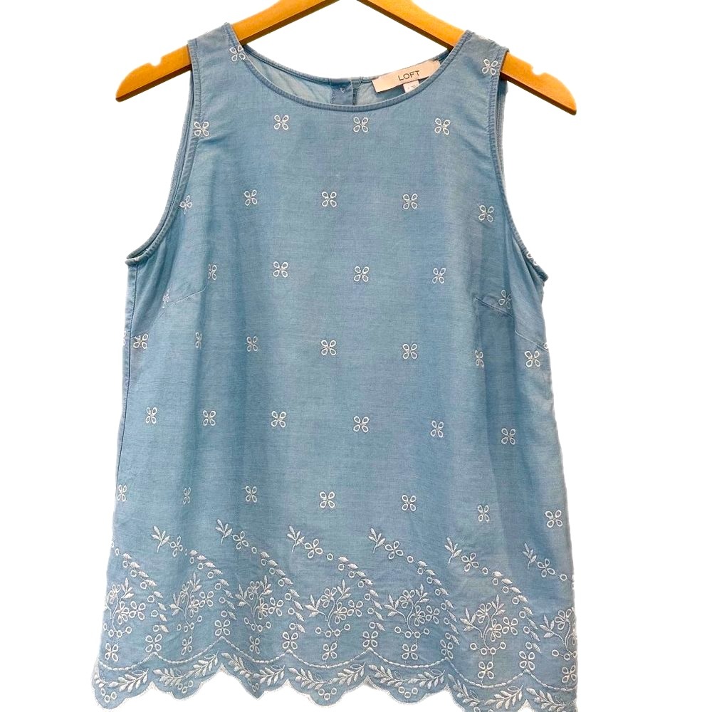 LOFT Chambray Embroidered Sleeveless Blouse Top Women's Size Small